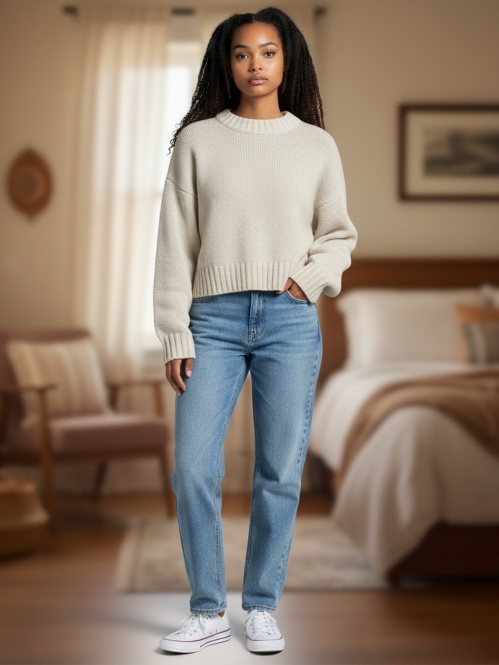 Harper Tan Cream Crewneck Sweater Open Knit